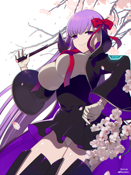 Anime picture 750x1000 with fate (series) fate/extra fate/extra ccc bb (fate) (all) bb (fate/extra) fucodoku single tall image looking at viewer fringe breasts light erotic smile large breasts purple eyes signed purple hair very long hair from below twitter username