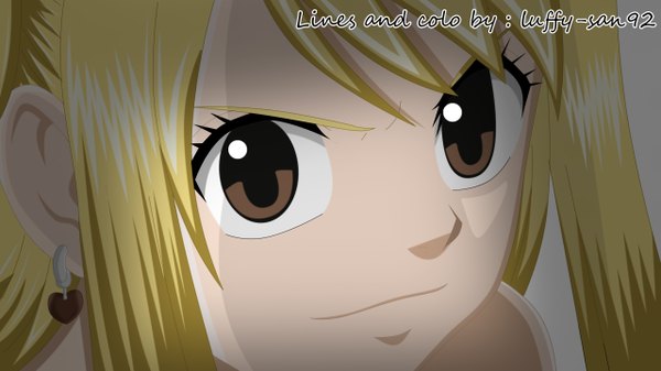 Anime picture 2560x1440 with fairy tail lucy heartfilia luffy-san92 single long hair highres blonde hair simple background smile wide image brown eyes coloring girl earrings