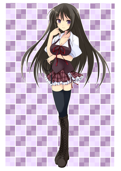 Anime picture 2149x3035 with seitokai no ichizon akaba chizuru nanahosi seiiki (artist) single long hair tall image highres black hair smile purple eyes checkered background girl thighhighs black thighhighs