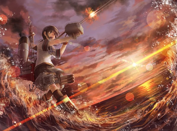 Anime picture 1100x815 with kantai collection fubuki destroyer lif (lif-ppp) single fringe short hair open mouth brown hair brown eyes looking away sky evening sunset skirt lift horizon battle screaming girl skirt uniform