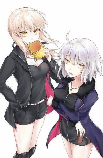Anime picture 554x850 with fate (series) fate/grand order artoria pendragon (all) jeanne d'arc (fate) (all) jeanne d'arc alter (fate) saber alter shiao long hair tall image fringe short hair breasts simple background blonde hair hair between eyes white background multiple girls yellow eyes silver hair ahoge