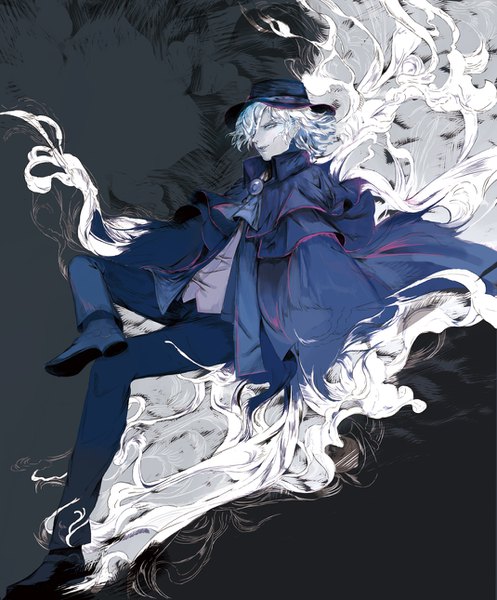 Anime picture 1070x1290 with fate (series) fate/grand order edmond dantes (fate/grand order) neronero00 single tall image looking at viewer fringe short hair silver hair full body hair over one eye black background smoke silver eyes boy hat cloak