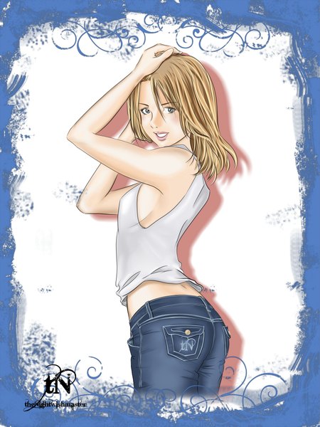 Anime picture 1500x2000 with thenightwishmaster single long hair tall image looking at viewer blush smile lips grey eyes grin turning head dark hair hands on head girl t-shirt jeans
