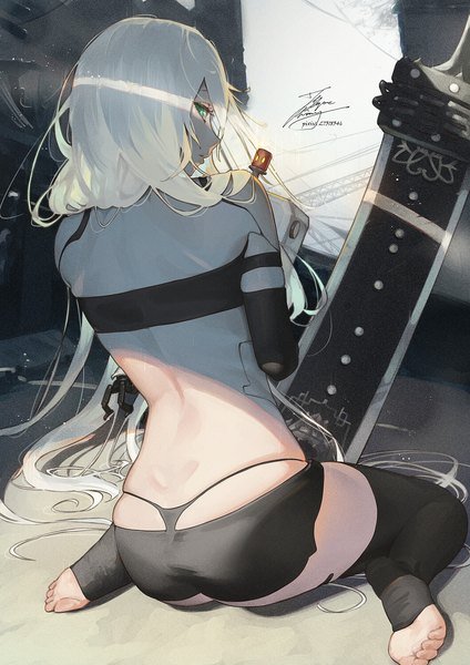 Anime picture 1061x1500 with nier nier:automata yorha type a no. 2 fadingz single long hair tall image looking at viewer fringe light erotic sitting signed silver hair full body bent knee (knees) ass looking back aqua eyes sunlight back