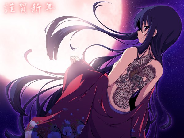 Anime picture 1600x1200 with original yuzuki kei single long hair black hair red eyes japanese clothes looking back tattoo back girl moon yukata dragon