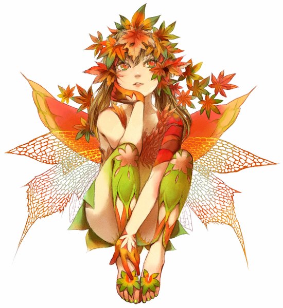 Anime picture 1150x1254 with original makoto ichihashi single long hair tall image simple background red eyes brown hair white background sitting twintails looking away open clothes insect wings fairy girl gloves wings leaf (leaves) autumn leaves