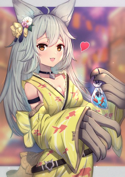 Anime-Bild 920x1300 mit granblue fantasy sen (granblue fantasy) uneg single long hair tall image looking at viewer blush fringe breasts open mouth smile hair between eyes standing holding brown eyes animal ears payot cleavage silver hair