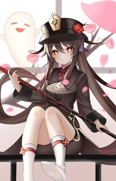 Anime picture 1775x2765 with genshin impact hu tao (genshin impact) boo tao (genshin impact) kenomotsu yukuwa single long hair tall image looking at viewer fringe highres hair between eyes red eyes brown hair sitting twintails no shoes symbol-shaped pupils ghost girl hat
