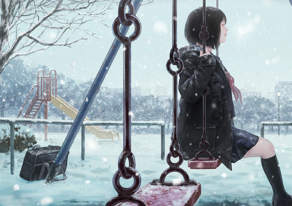 Anime picture 1600x1131 with original romiy single fringe short hair black hair sitting outdoors eyes closed long sleeves profile snowing winter snow bare tree girl skirt uniform plant (plants) tree (trees)