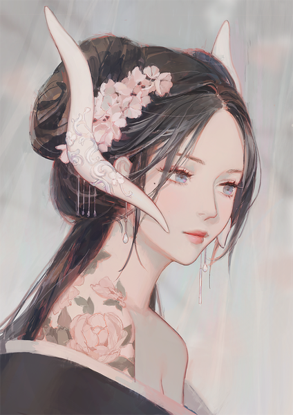 Anime picture 778x1100 with original yueko (jiayue wu) single long hair tall image blue eyes black hair bare shoulders looking away hair flower lips mole tattoo mole under eye lipstick pink lipstick princess girl flower (flowers)