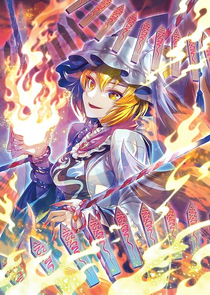 Anime picture 714x1000 with touhou yakumo ran zounose single tall image looking at viewer short hair blonde hair animal ears yellow eyes tail animal tail fox ears fox tail fantasy restrained girl bonnet fire rope