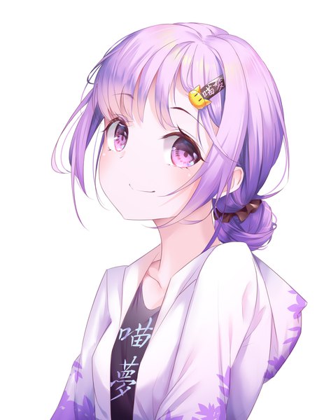 Anime picture 1706x2211 with original amaroku neko single tall image looking at viewer highres short hair simple background smile white background purple eyes purple hair upper body hair bun (hair buns) girl hairclip