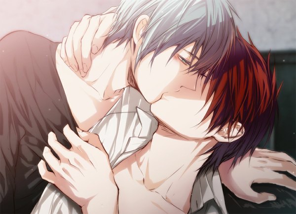 Anime picture 1006x731 with kuroko no basket production i.g kuroko tetsuya kagami taiga crelica (pixiv id 114714) blush blue eyes blue hair red hair eyes closed open clothes multiple boys open shirt hug kiss shounen ai boy 2 boys