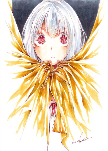 Anime picture 2019x2808 with original kawana (spicaboy) single tall image looking at viewer blush highres short hair red eyes signed silver hair girl