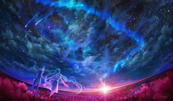 Anime picture 1400x818 with original valentina remenar short hair open mouth smile wide image cloud (clouds) very long hair aqua hair night night sky lens flare holding hands evening sunset spread arms landscape scenic shooting star field