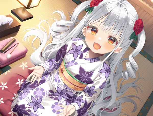 Anime-Bild 4200x3200 mit original asa no ha single looking at viewer blush fringe highres open mouth sitting yellow eyes absurdres white hair indoors blunt bangs very long hair traditional clothes :d japanese clothes hair flower from above