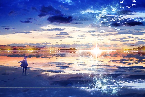 Anime picture 1000x667 with original pixiv fantasia pixiv fantasia new world pa (itapa613) single short hair sky cloud (clouds) evening reflection sunset horizon girl dress wings water