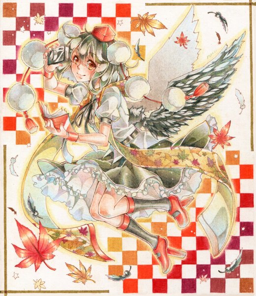 Anime picture 1500x1732 with touhou shameimaru aya nou single tall image looking at viewer blush short hair black hair red eyes black wings checkered background girl skirt socks book (books) black socks feather (feathers) autumn leaves camera