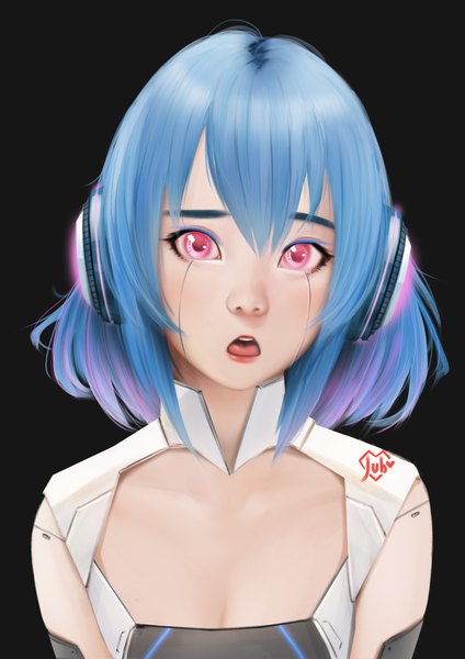 Anime-Bild 1920x2716 mit original alpha (acerailgun) jubi (regiana) single tall image looking at viewer fringe highres short hair open mouth simple background signed blue hair pink eyes dark background surprised borrowed character robot joints girl android