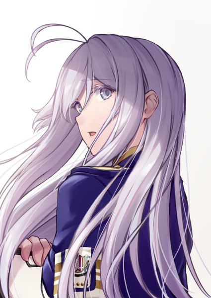 Anime picture 2006x2833 with 86 -eightysix- vladilena millize rebutsu single long hair tall image highres open mouth simple background white background silver hair upper body ahoge looking back silver eyes girl
