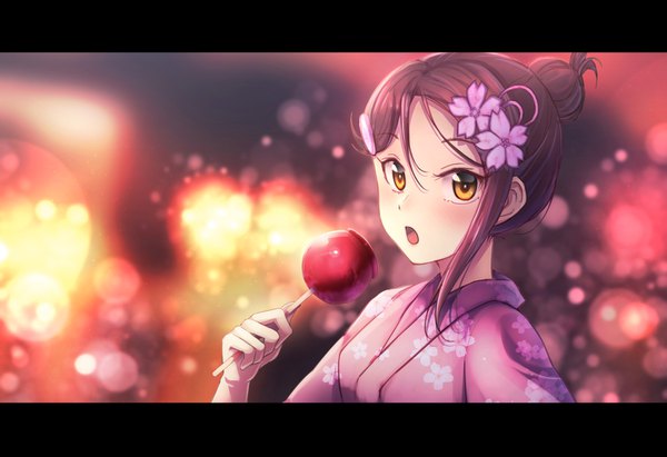 Anime picture 1483x1016 with love live! sunshine!! sunrise (studio) love live! sakurauchi riko otsumami (otsu-mugi) single looking at viewer blush fringe short hair open mouth hair between eyes holding yellow eyes payot upper body red hair traditional clothes japanese clothes hair flower