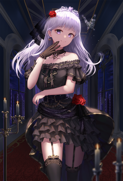 Anime picture 1400x2060 with original anje2555 single long hair tall image looking at viewer fringe smile standing purple eyes bare shoulders silver hair indoors blunt bangs head tilt hair flower off shoulder short sleeves hand to mouth girl