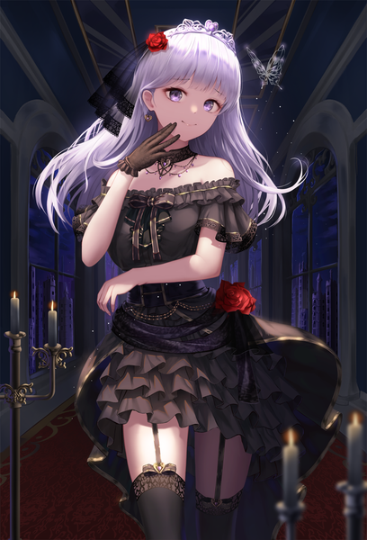 Anime-Bild 1400x2060 mit original anje2555 single long hair tall image looking at viewer fringe smile standing purple eyes bare shoulders silver hair indoors blunt bangs head tilt hair flower off shoulder short sleeves hand to mouth girl