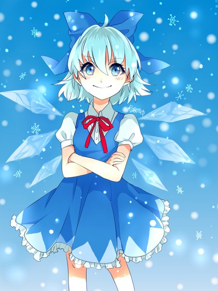 Anime picture 768x1024 with touhou cirno rosette (roze-ko) single tall image looking at viewer blush fringe short hair blue eyes smile hair between eyes signed blue hair ahoge snowing blue background crossed arms girl dress