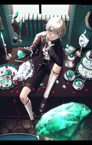 Anime picture 2821x4432 with original beni sui single tall image looking at viewer fringe highres short hair blonde hair sitting holding green eyes full body indoors from above hair over one eye letterboxed outstretched hand head rest tea set