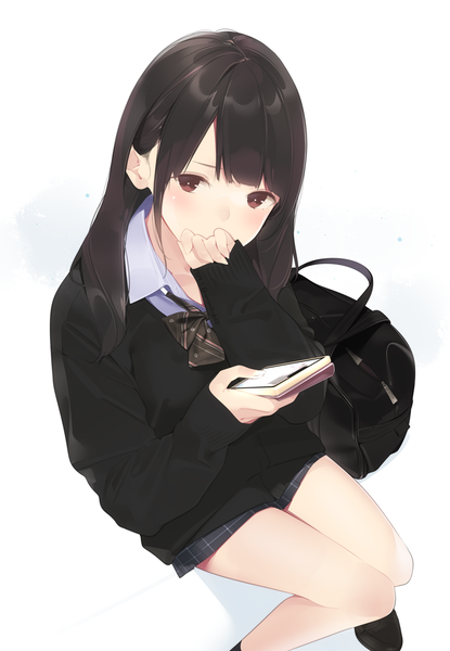Anime picture 762x1100 with original ama mitsuki single long hair tall image looking at viewer blush fringe black hair simple background white background sitting holding brown eyes blunt bangs long sleeves fingernails from above bare legs shadow