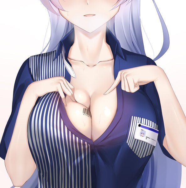 Anime picture 1644x1663 with azur lane lawson rodney (azur lane) rodney (one day as a trainee clerk) (azur lane) eternity (shadeh) single long hair tall image breasts open mouth light erotic simple background large breasts white background cleavage silver hair upper body official alternate costume exhalation head out of frame