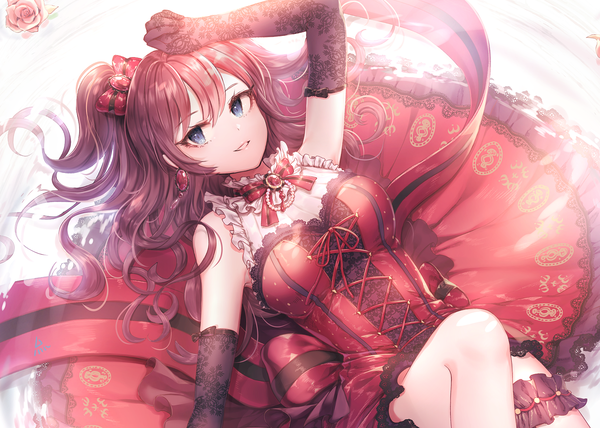 Anime picture 1500x1072 with idolmaster idolmaster cinderella girls idolmaster cinderella girls starlight stage ichinose shiki ozzingo single long hair looking at viewer fringe breasts blue eyes smile hair between eyes brown hair bare shoulders payot bent knee (knees) lying parted lips arm up