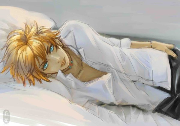 Anime picture 2480x1748 with arcana famiglia liberta single looking at viewer fringe highres short hair blonde hair lying aqua eyes lips realistic piercing on side boy bracelet pillow pendant pants