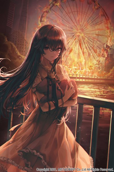 Anime picture 3500x5250 with jusulsaneun chowol-eul wonhanda meoyo single long hair tall image looking at viewer fringe highres black hair hair between eyes standing holding brown eyes payot absurdres outdoors multicolored hair wind night two-tone hair