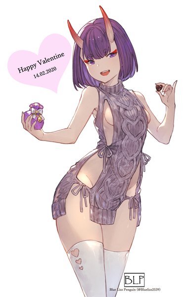 Anime picture 2354x3721 with fate (series) fate/grand order shuten douji (fate) blue lizz penguin single tall image looking at viewer highres short hair breasts open mouth light erotic simple background white background purple eyes signed purple hair :d horn (horns) no bra