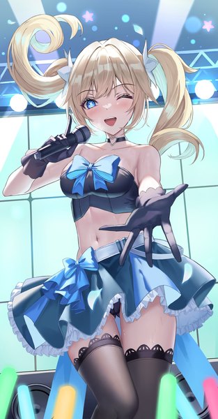 Anime picture 1400x2688 with genshin impact barbara (genshin impact) i ruru single long hair tall image looking at viewer blush fringe open mouth blue eyes light erotic blonde hair twintails holding payot :d one eye closed wink arms up