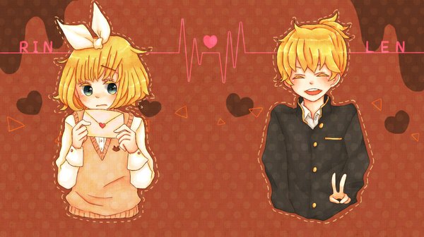 Anime picture 1000x560 with vocaloid kagamine rin kagamine len 0823 blush short hair open mouth blue eyes blonde hair wide image eyes closed couple character names victory girl boy bow hair bow sweater letter