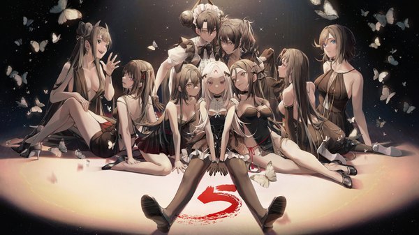 Anime picture 1707x960 with girls frontline agent (girls frontline) ouroboros (girls frontline) architect (girls frontline) executioner (girls frontline) judge (girls frontline) scarecrow (girls frontline) dreamer (girls frontline) elisa (girls frontline) intruder (girls frontline) douya (233) long hair looking at viewer fringe highres short hair breasts open mouth blue eyes light erotic