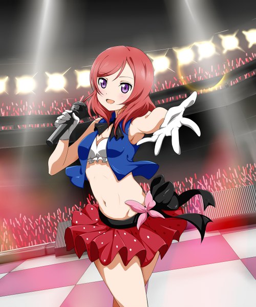 Anime picture 1200x1439 with love live! school idol project sunrise (studio) love live! nishikino maki frolaytia single tall image looking at viewer blush short hair open mouth purple eyes red hair girl skirt gloves navel miniskirt white gloves microphone