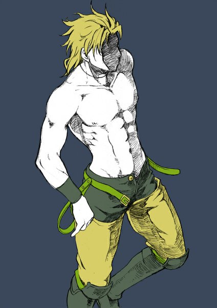Anime picture 566x800 with jojo no kimyou na bouken dio brando chounorin single tall image short hair light erotic simple background blonde hair from above dark background topless shaded face muscle abs open pants boy pants wristlet