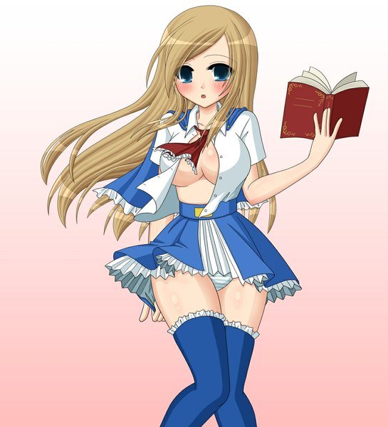 Anime picture 1000x1101 with castlevania konami charlotte aulin single long hair tall image blush breasts open mouth blue eyes light erotic simple background blonde hair open clothes open shirt girl thighhighs underwear panties book (books)