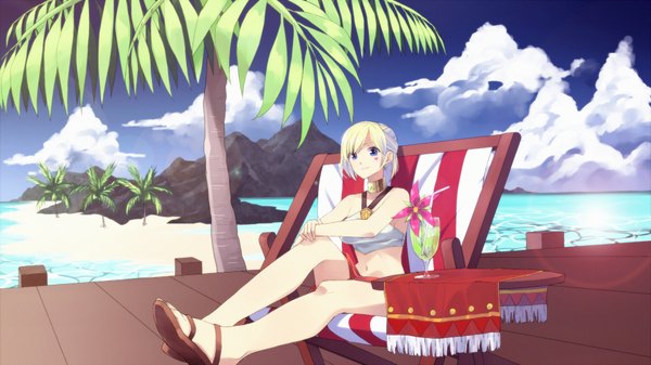 Anime picture 1920x1080 with original dennou-k looking at viewer highres short hair blue eyes light erotic blonde hair wide image sitting sky cloud (clouds) legs beach mountain girl navel flower (flowers) swimsuit plant (plants)