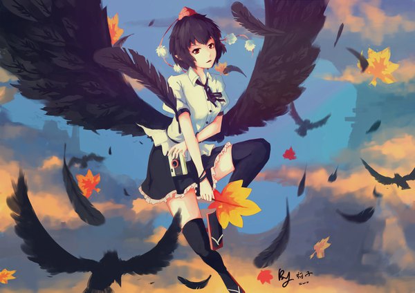 Anime picture 3507x2480 with touhou shameimaru aya zuosi zhichu single highres short hair black hair red eyes signed absurdres sky cloud (clouds) bent knee (knees) black wings girl thighhighs black thighhighs animal wings bird (birds)