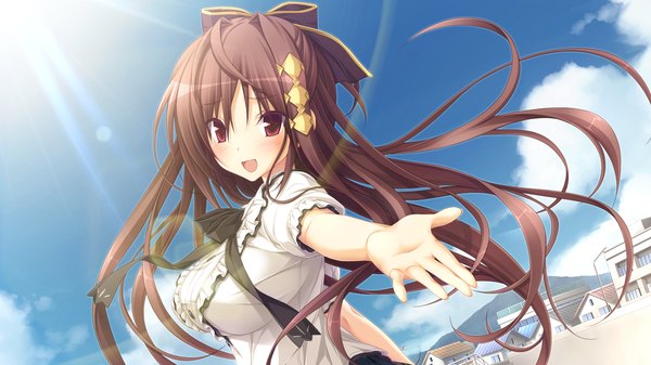 Anime picture 1280x720 with chrono clock jounouchi makoto koku single long hair looking at viewer blush open mouth red eyes brown hair wide image game cg sky cloud (clouds) girl dress bow hair bow