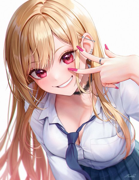 Anime picture 2127x2748 with sono bisque doll wa koi wo suru cloverworks kitagawa marin heartki single long hair tall image looking at viewer blush fringe highres breasts light erotic simple background blonde hair smile red eyes large breasts white background signed