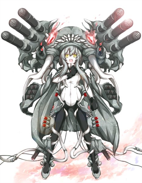Anime picture 1000x1287 with kantai collection wo-class aircraft carrier yumesato makura single long hair tall image open mouth yellow eyes grey hair covered navel hand on chest pale skin shinkaisei-kan girl gloves navel weapon black gloves gun cape