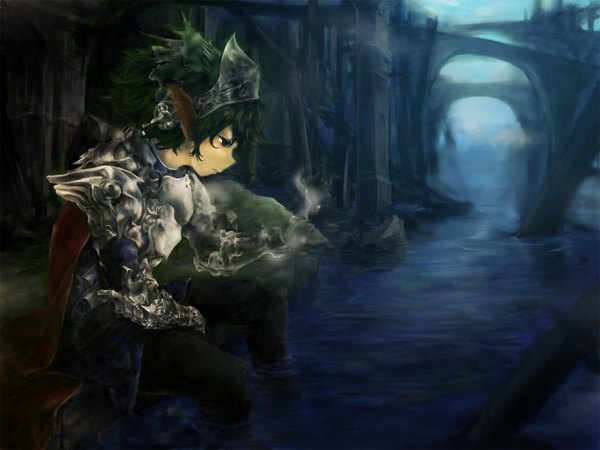 Anime picture 1600x1200 with zai (pixiv) highres black hair sitting brown eyes wet water armor bridge pillar