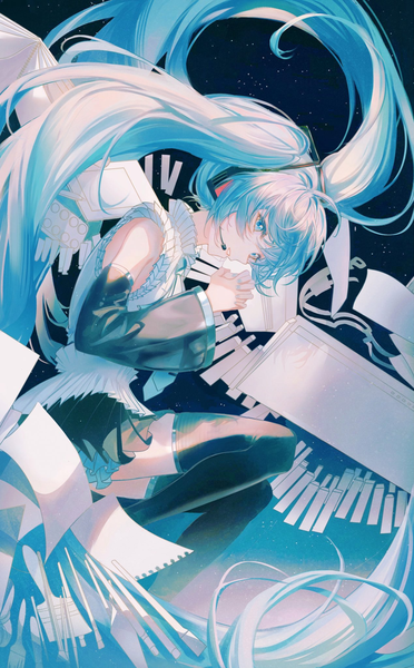 Anime picture 1092x1760 with vocaloid hatsune miku happy 16th birthday -dear creators- hatsune miku lium single tall image looking at viewer fringe twintails bent knee (knees) long sleeves very long hair nail polish parted lips pleated skirt aqua eyes light smile aqua hair night wide sleeves