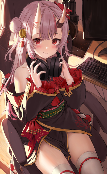 Anime picture 862x1400 with virtual youtuber hololive nakiri ayame nakiri ayame (1st costume) athenawyrm single long hair tall image looking at viewer blush smile red eyes sitting silver hair indoors horn (horns) oni horns headphones around neck hair bell dust