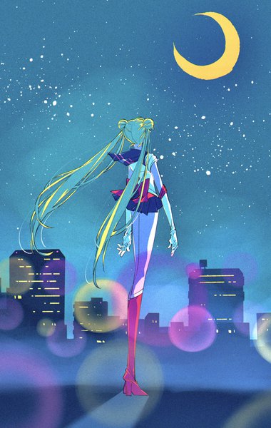 Anime picture 1786x2822 with bishoujo senshi sailor moon toei animation tsukino usagi sailor moon pochi (askas is god) single tall image highres blonde hair standing twintails full body outdoors very long hair from behind hair bun (hair buns) lens flare city cityscape crescent